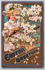 Easter Greeting Lovely Lady Floral Tree Postcard X25 picture