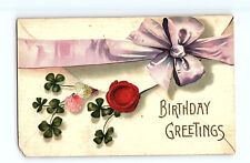 Birthday Greetings Purple Ribbon Bow Envelope Floral Card Seal Vintage Postcard picture
