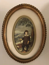 Antique Victorian Brass Easel Frame Glass Matted Print of Young Boy Dog 5