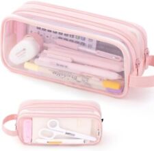 ANGOOBABY Large Grid Mesh Pencil Case 2 Compartment Pen Bag Clear Pink  picture