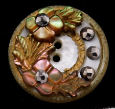 Small 19th C. Antique Carved Pearl Shell BUTTON w Tiny Flowers NICE 9/16 picture