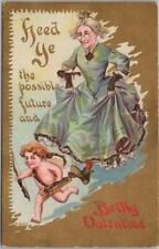 c1910s VALENTINE'S DAY Greetings Postcard Cupid Running from Old Maid / Glitter picture
