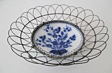 Opaque De Sarreguemines 8” Flow Blue Bowl In Footed Victorian Wire Cradle AZ59 picture