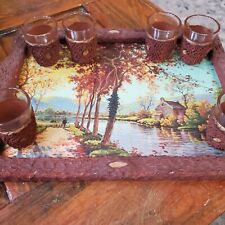 Vintage Rustic Adirondack Tray with Shot Glasses Set Lodge Artwork Under Glass picture