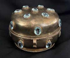 Antique Gold Tone Jeweled  Box,Aquamarine Glass decor from 1880th round shape picture