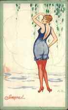 Bathing Beauty Beautiful Woman Art Deco SEMPRE Signed A.B. c1915 Postcard picture