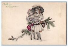 c1910's Merry Christmas Pretty Girls Pine Cone With Flowers Antique Postcard picture