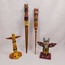 4 Vintage Carved Wood Hand Painted Totem Pole Souvenir Figurines, Letter Openers picture