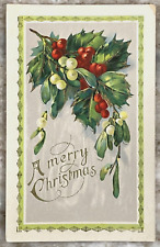 A Merry Christmas Holly Berries 1910 Divided Back Gel Postcard 881 picture