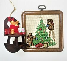 2 Christmas Holiday Ornaments Teddy Bear Cross Stitch Rocking Chair picture