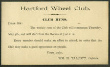 Hartford Wheel Club CT postal card 1892 re: Weekly Bicycle Runs begin May 5 picture
