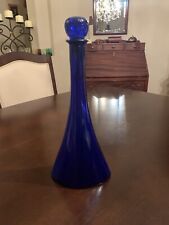 Vtg Cobalt Blue Glass Decanter Bottle Ball Top Cork Tall picture