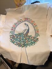 Vintage Peacock Hand Embroidered Piece 27” X 19” picture