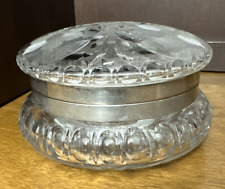 Crystal Cut Etched Glass Hinged Silver Plate Rim Dresser/Powder Box Vintage picture
