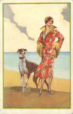 Postcard 1920s Italy  beautiful fashion woman greyhound dog beach TP24-4309 picture