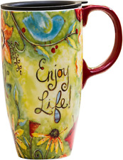 Coffee Ceramic Mug Porcelain Latte Tea Cup with Lid 17Oz. Enjoy Life picture