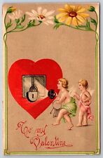 Holiday~Cupids With Light Heart Flowers & Valentine Greeting~Vintage Postcard picture