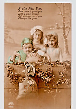 RPPC Tinted 3 Children New Year Greetings Horseshoe Hair Hats Curls WOB (168A) picture