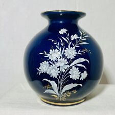 Vintage Round Blue Hyalyn USA 834 Gold Trimmed Japanese Flowers Pottery Vase 5