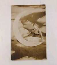 Antique Real Photo Postcard Rppc Woman On Paper Moon Xmas New Year 1914-1915 picture