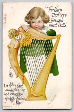 St. Patrick's Day Signed CLAPSADDLE Little Girl Harp 1919 Vtg Antique Postcard picture