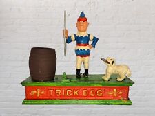 Vtg 60s Trick Dog Cast Iron Mechanical Coin Bank White Dog Clown picture