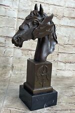 BEAUTIFUL PURE BRONZE MOUNTED HORSE STATUE BUST MARBLE BASE SCULPTURE DECORATIVE picture