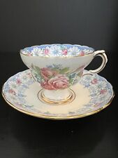 Vintage Rosina-Queen Blue Floral Bone China Footed Cup & Saucer: Pink Roses picture