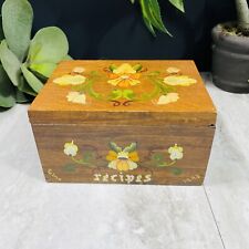 Vintage Wood Floral Recipe Card Box Hand Painted Hinged Lid Farmhouse picture