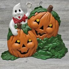 Vtg '80s Light Up Ceramic Halloween Pumpkin Jack O'Lantern Ghost Hand Painted picture