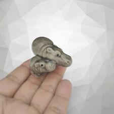 Mother Hippo Babies Miniature Ceramic Hippopotamus Figurine Hand-Painted picture