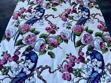 30's Deep Sea Blue Raven & Cabbage Roses Barkcloth Vintage Fabric Drape Curtain picture