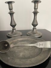 Antique pewter lot of two candlesticks, plate and candle snuffer. picture