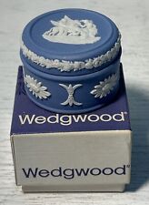 Vintage Wedgwood Blue Jasperware Mini Round Trinket Dish / Ring Box With Lid picture