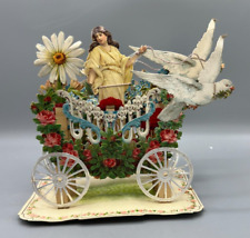 Vintage Valentine's Day Card 3-D Angel in Buggy Cart with Birds Blue and White picture