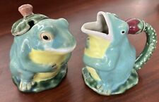 VTG Classic Majolica Frog Ceramic Lidded Creamer And Sugar Set 5