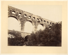 France, Le Pont du Gard, approx. 1870 Vintage Albumen Print. Photo glued to cartoon picture