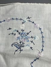 Vintage Tablecloth Square Embroidered Flowers White Blue 32” picture