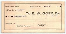 1913 WESTBROOK MAINE 1 TON CHESTNUT COAL E.W.  GOFF TO E.L SARGENT RECEIPT Z1172 picture
