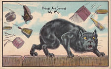 Vintage Things Are Coming My Way Early 1900s Postcard Black Cat On Fence Howling picture