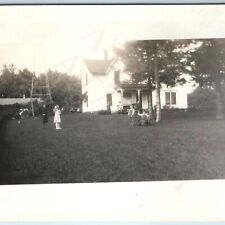 c1910s Lovely House Outdoor Lawn Family Gather RPPC Boys Girls Play Wagon A192 picture