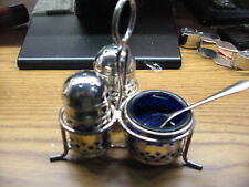 Vintage Apex EPNS Cruet Set Salt, Pepper & Mustard With Blue Glass Liners and ho picture
