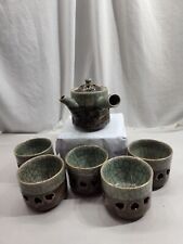 Celadon Crackle Glass With Horse Side Handle Japanese 6 Pc Tea Pot & Cups Box picture