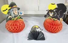 Set Of 3 Vintage Halloween Honeycomb Decorations Witch Black Cat Haunted House picture