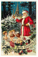Red Robe Santa Claus with Angels ~Winter Scene~Antique Christmas Postcard~h848 picture