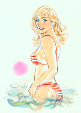Playboy Artist Doug Sneyd Signed Original Art Sketch ~ Blond In Striped Bikini picture