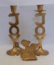Pair of Brass JOY Candlesticks Candle Holders and small Angel Candle holder picture