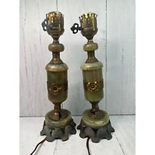 Set 2 Antique Green Onyx Brass Lamps Flowers FLAWED Parts Project NOT TESTED picture