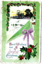 Antique or Vintage Postcard Best Wishes For A Joyful Christmas Holly Berries Bow picture