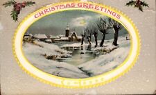 Postcard, Christmas Greetings, Church at Night in Snow, Posted 1914 , Embossed picture